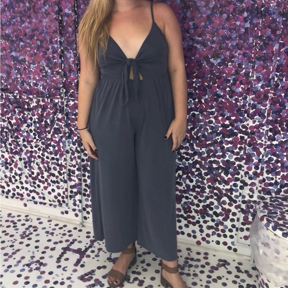 Gray/purple jumpsuit with front tie
